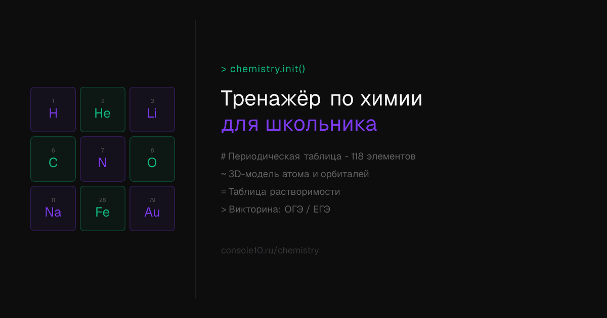 Тренажёр по химии для школьника: периодическая таблица, 3D-атом, орбитали и викторина — один HTML-файл